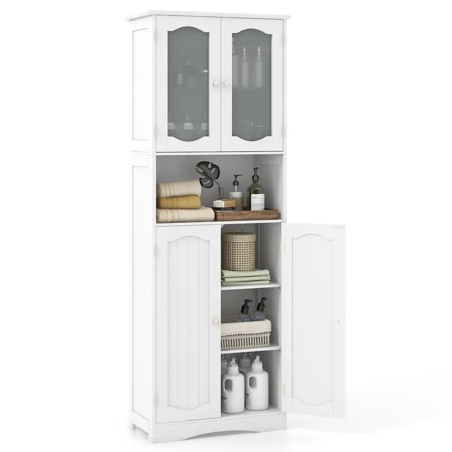 64.5 Tall Bathroom Storage Cabinet, Freestanding Floor Cabinet with Frost Glass Doors and Shelves, Kitchen Pantry for Living Roo