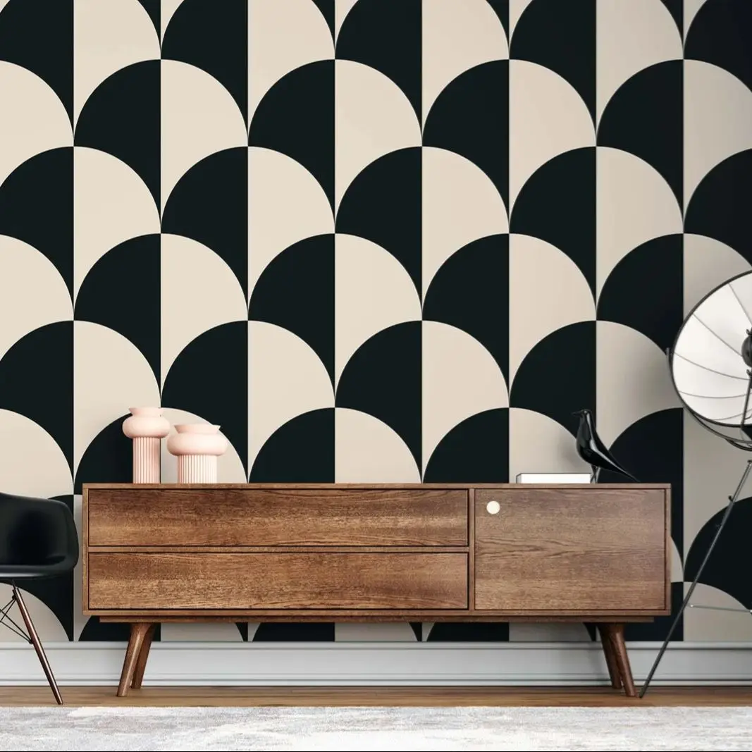 ورق جدران نصف قمر كريمي وأسود هندسي لتزيين الحائط، ورق جدران قابل للإزالة وقابل للتقشير واللصق، ورق جدران بسيط مجاني من مادة PVC