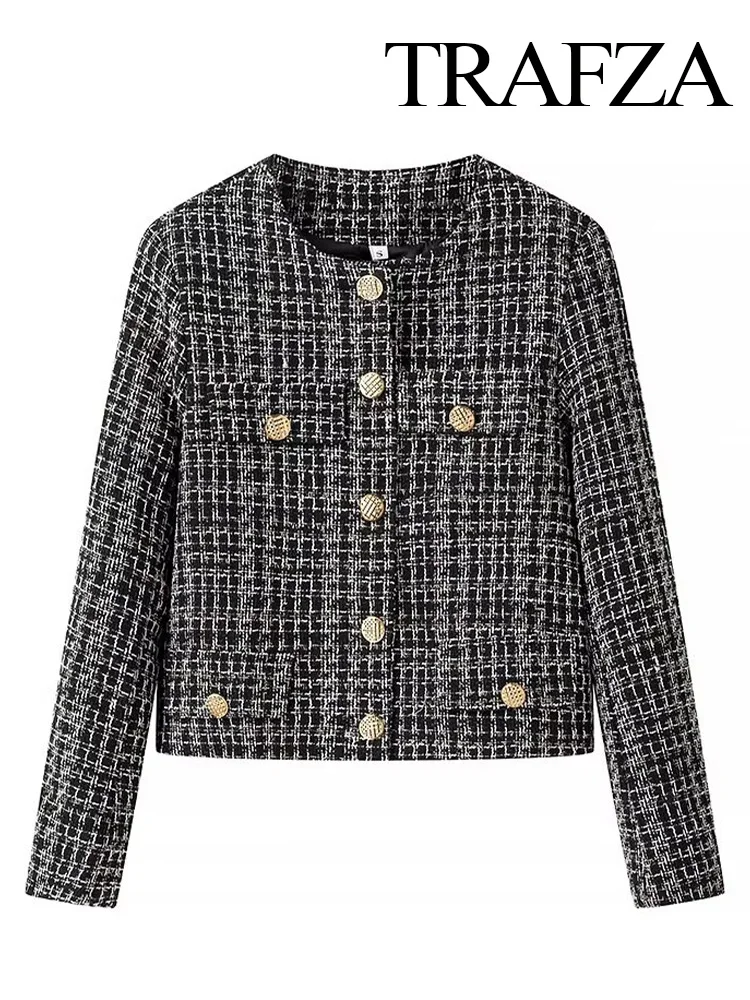 TRAFZA Women Single-breasted Decorate Long Sleeves Blazer Round Collar Jacket Spring Woman Fashion Commuting Texture Short Coat
