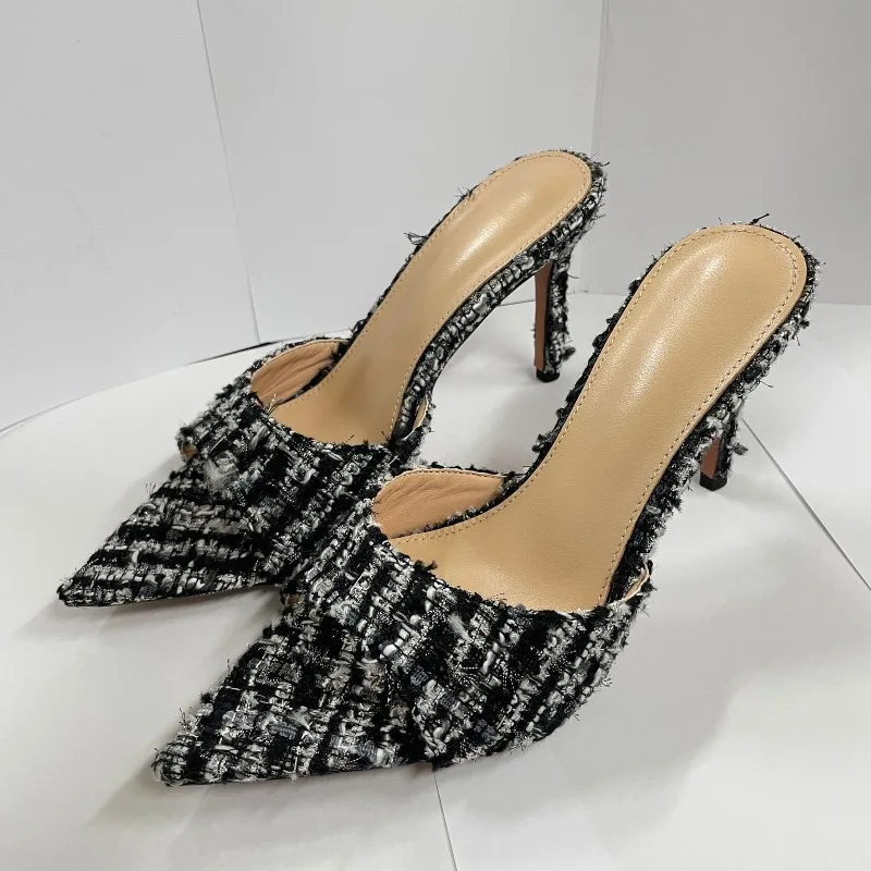 Womens Tweed Pointed Toe Mules Sexy Stiletto High Heels Slip On Shoes Black White Party Evening Dress Pumps Elegant