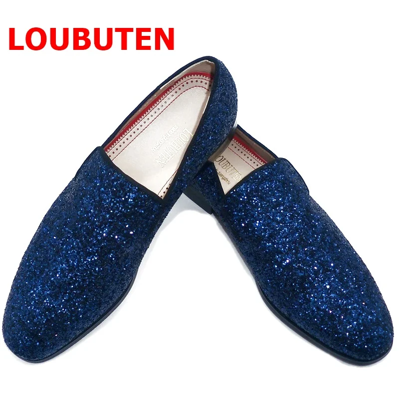 LOUBUTEN Fashion Blue Sequin Shoes Men Glitter Loafers Handmade Slip On Flats Casual Shoes Designer Dress Shoes