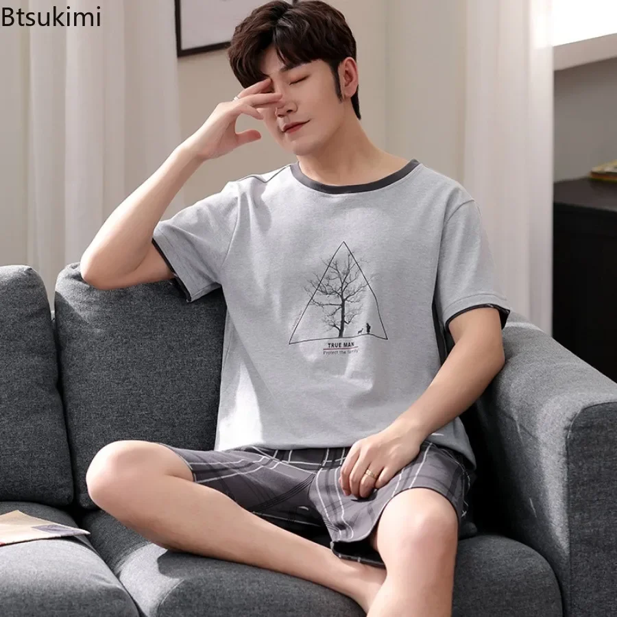 2025 Men's Cotton Pajamas Sets Summer Fashion Patchwork Short-sleeved Tops+Shorts Homewear Two-pieces Men Sleepwear Lounge Sets