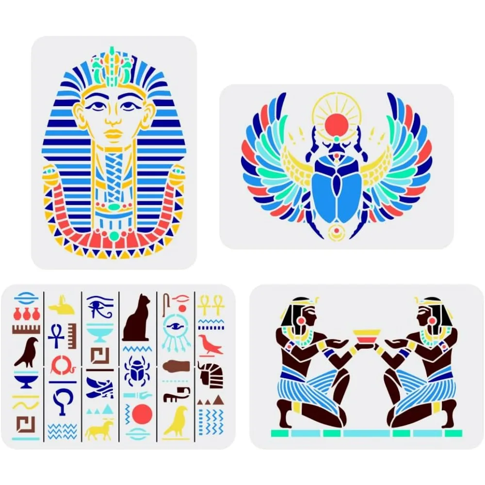 4 Pcs Egypt Painting Stencil 8.3x11.7inch Egyptian Writing Egypt Pharaoh Drawing Template Scarab Tutankhamun Egyptian Symbol