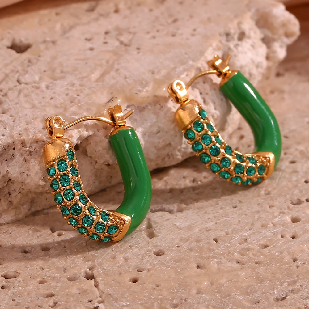 Cute Red Purple Green White Enamel U Shaped Rhinestone Crystal Paved Y2K Hoop Earrings For Girls Female Ladies Colorful Earring