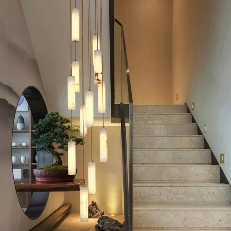 Postmodern Unique Creative Villa Living Room Brass Marble Chandelier Nordic Hotel Lobby Stair Decorative Alabaster Pendant Light