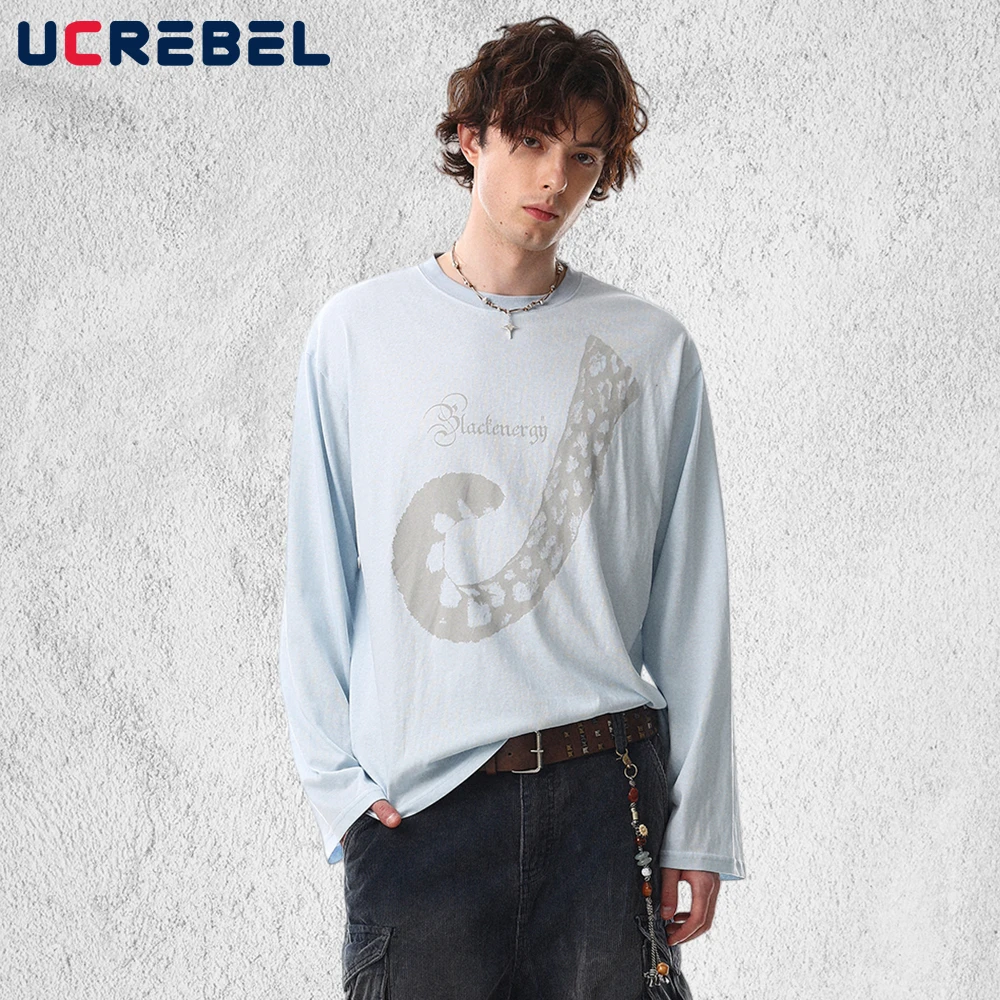 

Print Long Sleeve T-shirt Mens Spring Y2k Streetwear Loose Cotton Crew Neck Tshirt Man Tee