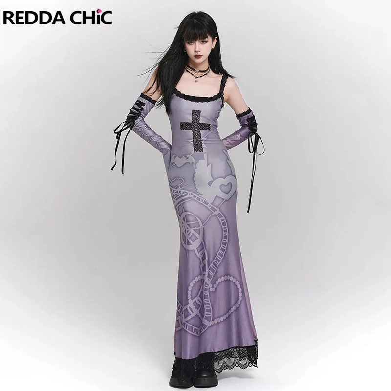 ReddaChic Ribbon Arm Sleeves Bodycon Dress Women Printing Sheer Lace Cross Lace-up Mermaid Tank Long Dress Grunge Y2k Clothes