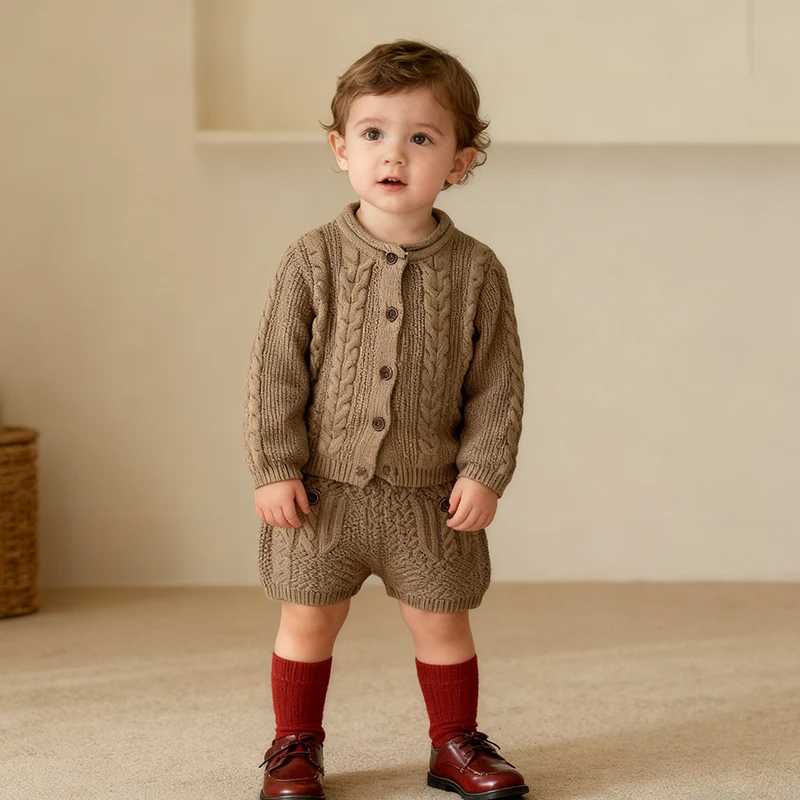 2026 New Spring 0-3Yrs Children Clothes Suit Toddler Baby Boys Girl Clothes Set Long Sleeved Knitted Cardigan Sweater+Shorts