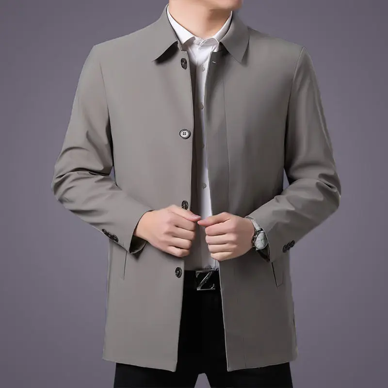 Brand Top Quality Spring Men\'s Trench Coat Solid Color Mid-length Casual Business Lapel Windbreak Jacket Mens Coats 2024 E319