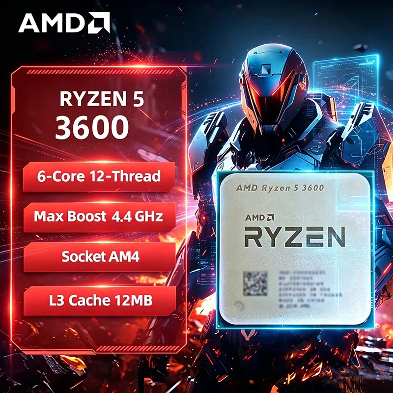 Procesador AMD Ryzen 5 3600, CPU AMD R5 3600 de 6 Núcleos y 12 Subprocesos, 4.4GHz, Desbloqueado, para Escritorio, Socket AM4, para Juegos, Sin Embalaje