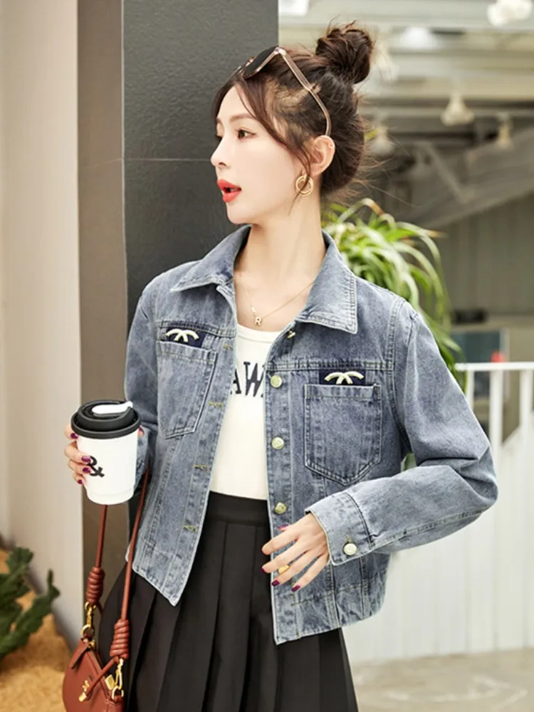 Elegant Embroidered Denim Jacket Women's Color Block Spring Autumn Fashionable Versatile Short Top Trendy  Collar Button ...