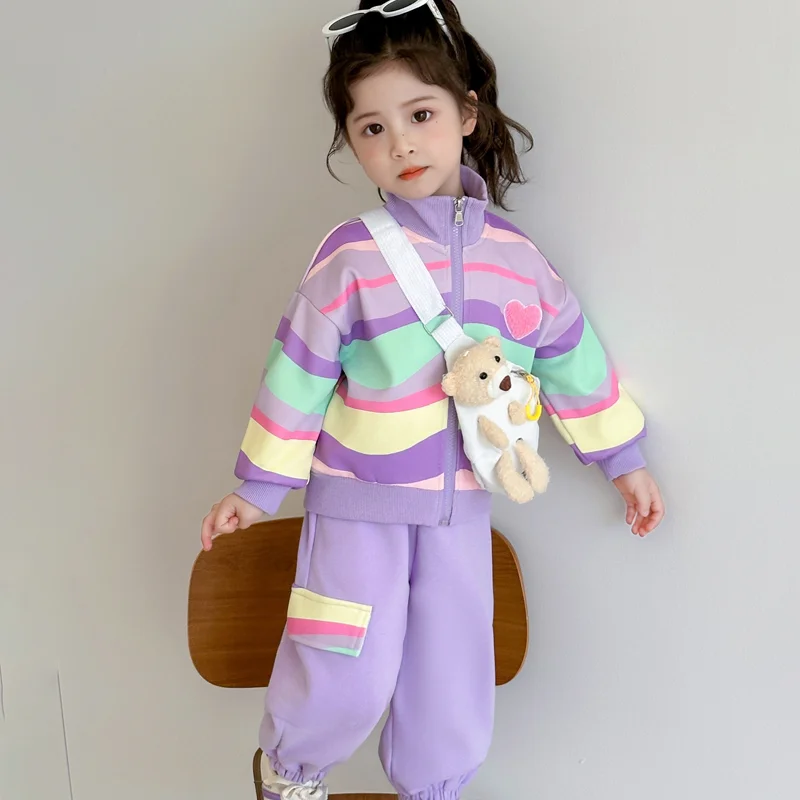 Hot Girl Stripe Coat Sportswear 2-Piece Set Spring Autumn Sweatpants Jacket Tops Pants Child Kawaii Fashion New Casual Clothing