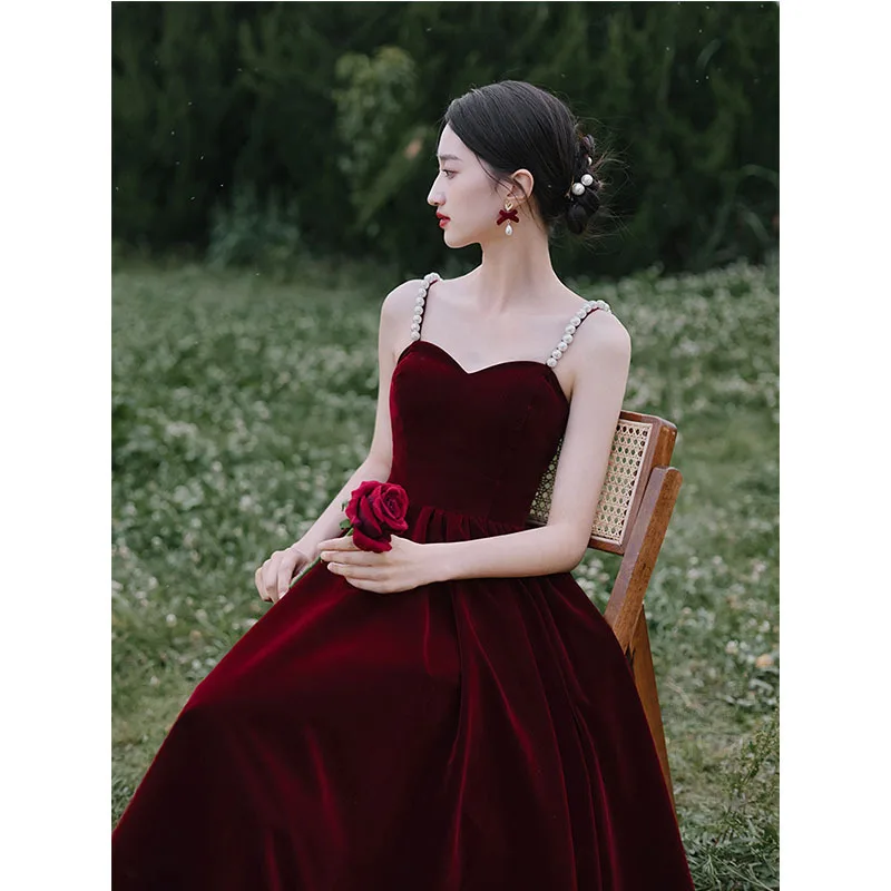 Vintage Burgundy Evening Dresses Fashion Spaghetti Strap Tea-length Vestidos Sexy Backless  Robe Soiree custom made Customized