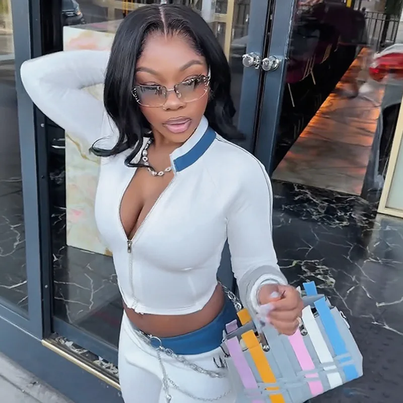 

YJ25330 Autumn Winter Hot Sale American Style Streetwear Long Sleeve Zipper Casual Contrast Color Slim Fit Hoodie For Women