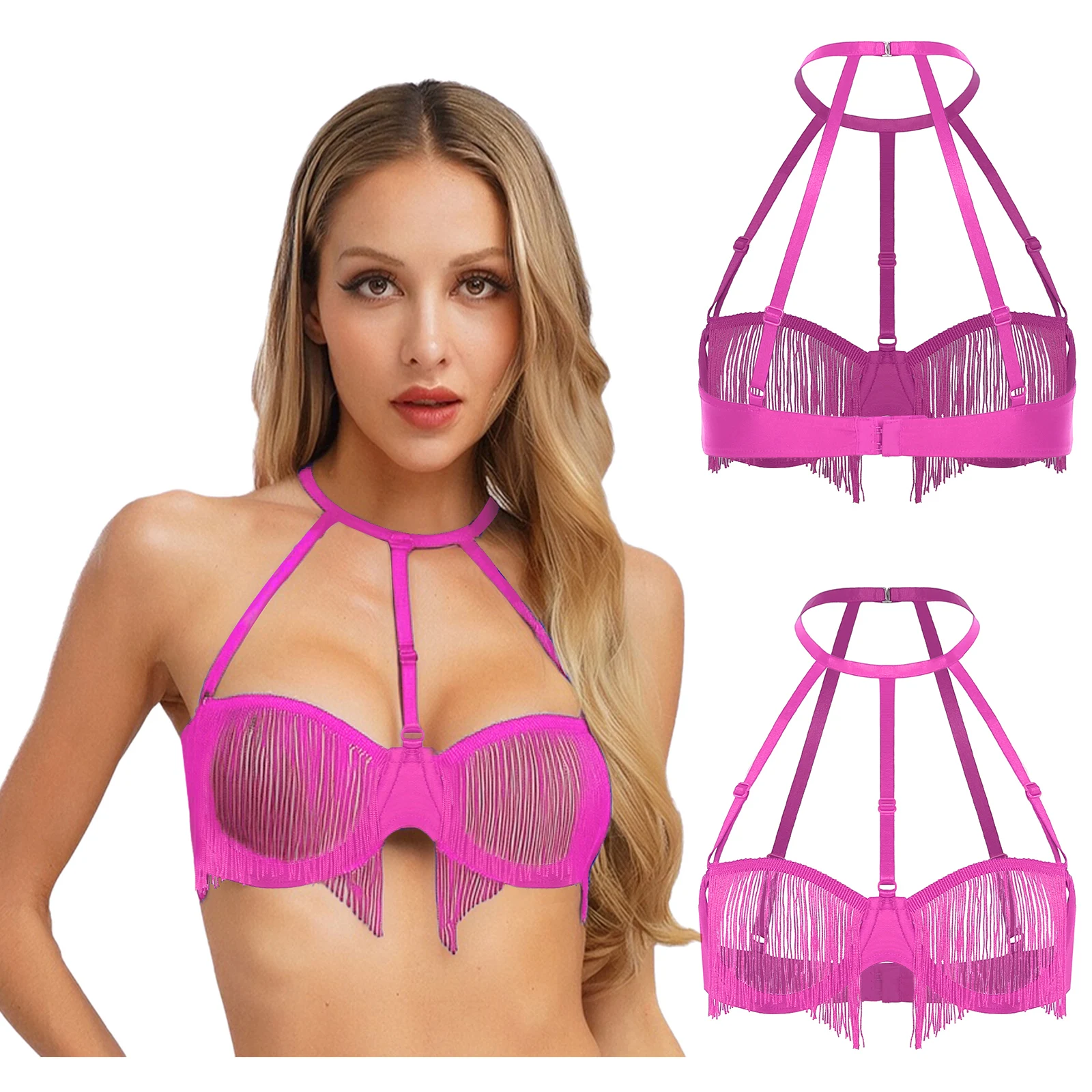 

Women Lingerie Tassel Hollow Out Cup Bra Halter Push Up Underwire Bralette Fringe See Through Bra Tempting Top for Dating Night