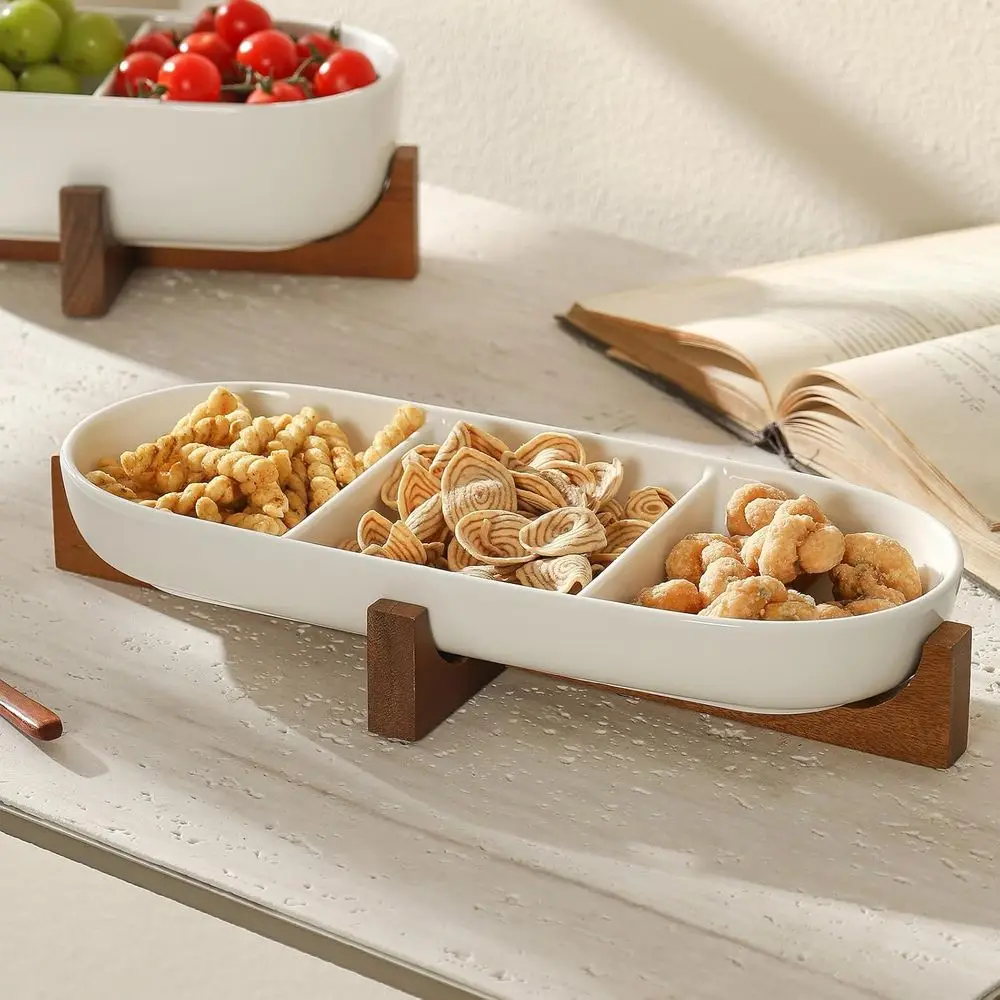 

3-Section Acacia Wood Appetizer Platter, 14 Ceramic Serving Dish for Snacks, Desserts, Fruits, and Dip