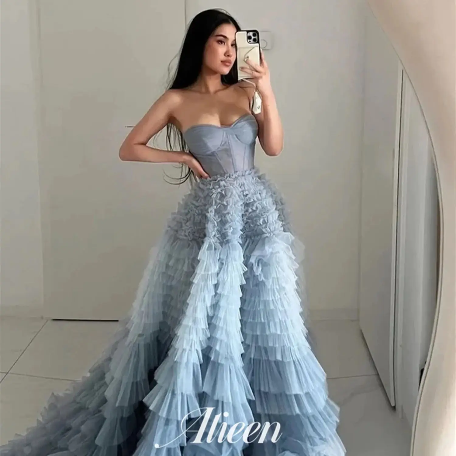 Aileen Sweetheart Gradient Color Gray Blue Multi-layer Long Evening Dresses for Formal Occasions Luxury Women\'s Elegant Dress