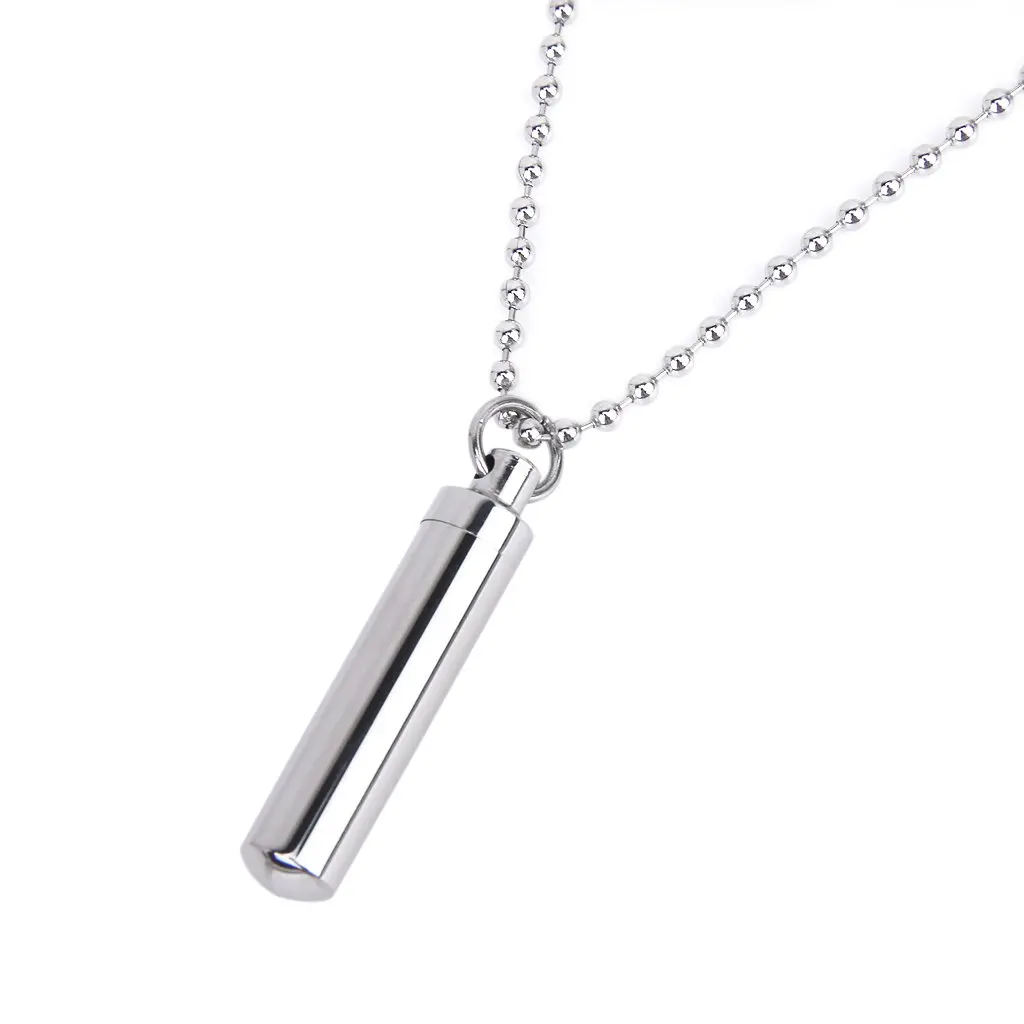 APB-Stainless Steel Pill Case Holder Cylinder Cremation Urn Memorial Pendant Necklace Keepsake 49*9mm