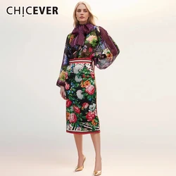 CHICEVER Hit Color Two Piece Set For Women Vintage Print Stand Collar Long Sleeve Top High Waist Skirt Slim Sets Female Fashion