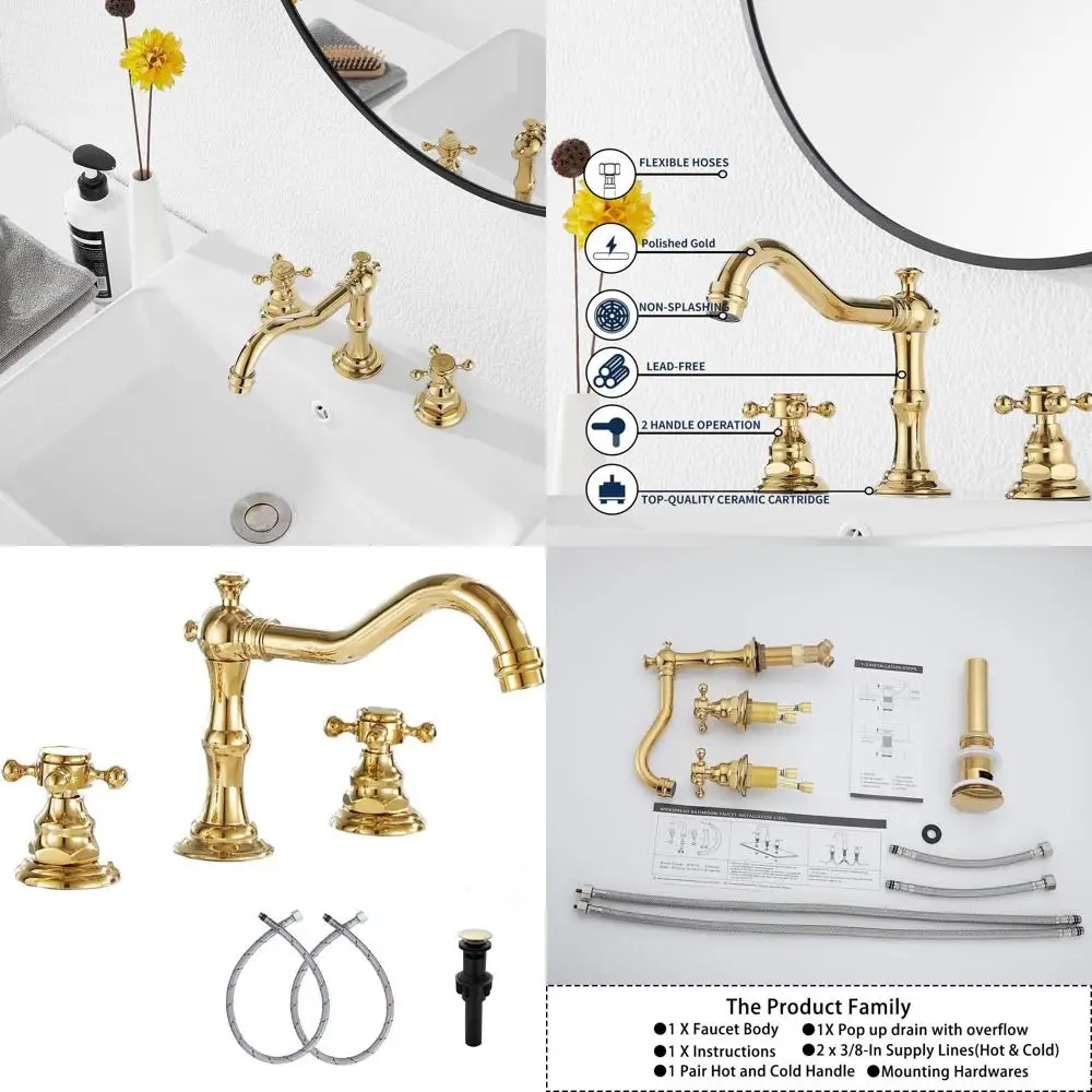 

Gold Finish Widespread 8-16 Inch Two Handle 3 Hole Bathroom Sink Faucet with Metal Drain and Overflow
