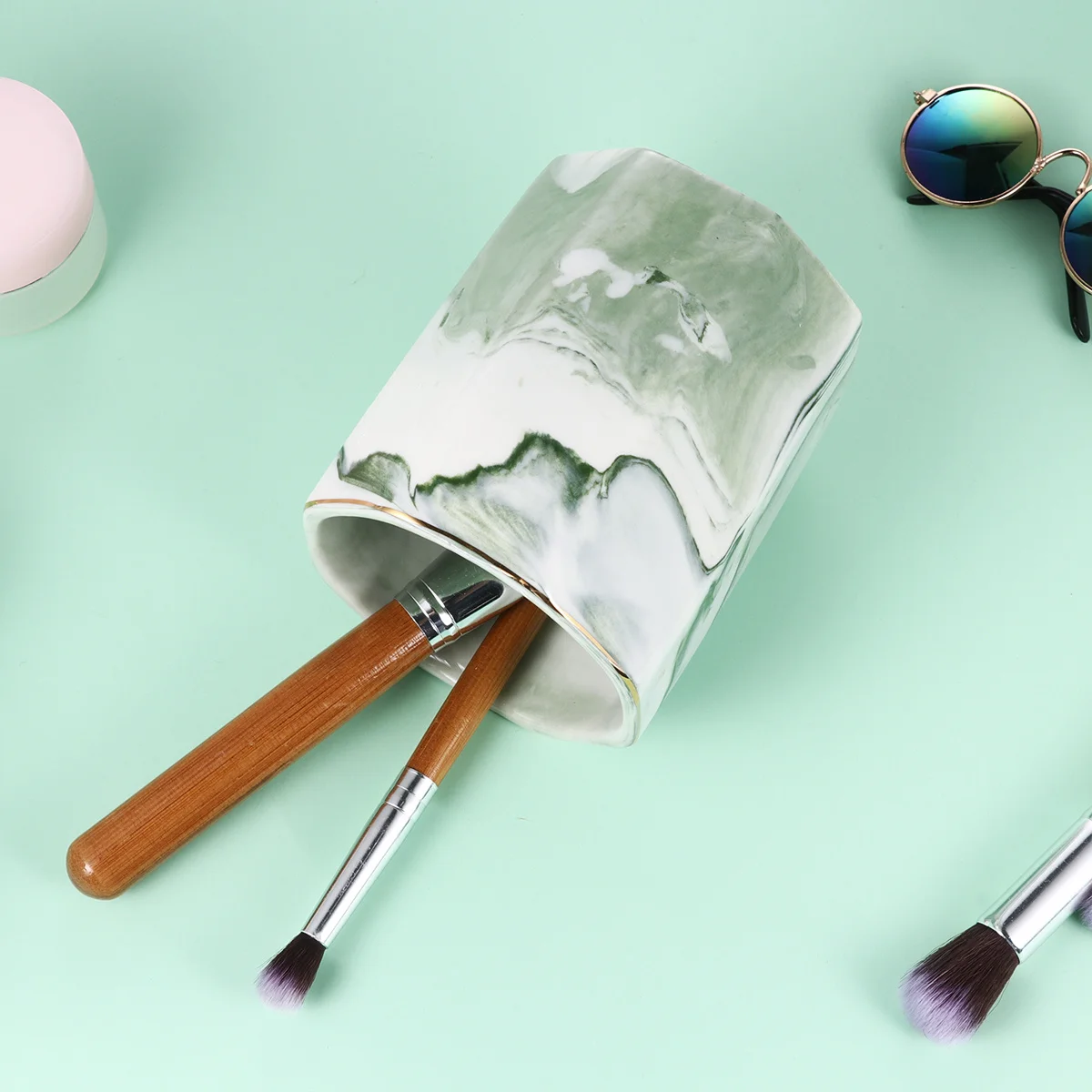 

Marbling Pen Holder -edged Ceramic Makeup Brush Container Desktop Organizer Pencil Holder (Green)