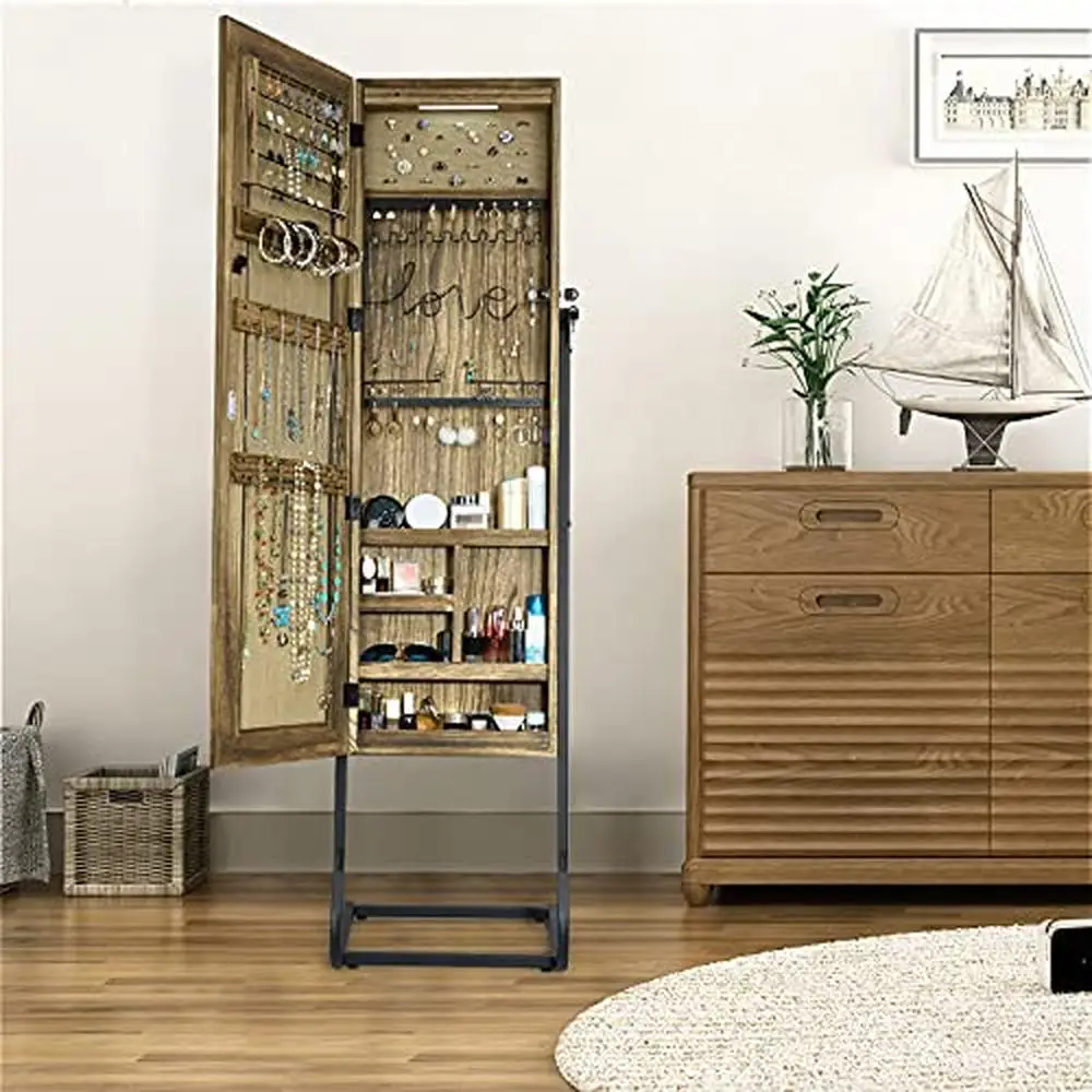 Standing Vintage Jewelry Armoire Cabinet with Full Length Mirror Lockable and Magnetic Door Solid Wood Organizer Earrings