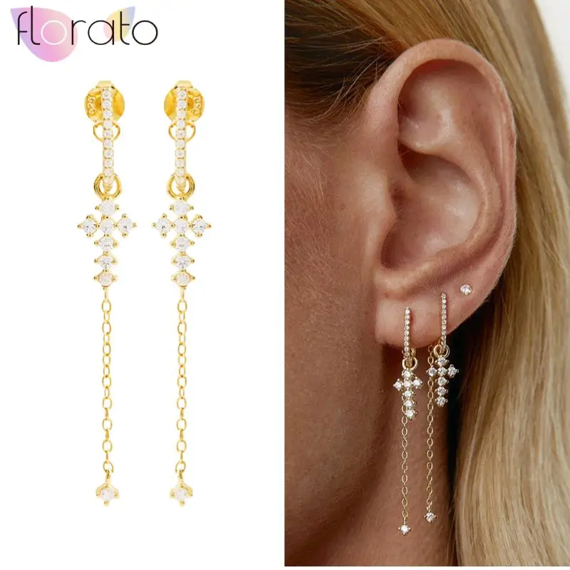

925 Sterling Silver Needle Noble Elegant Vertical Cross Pendant Micropaved Zirconia Chain Stud Earrings Women's wedding jewelry