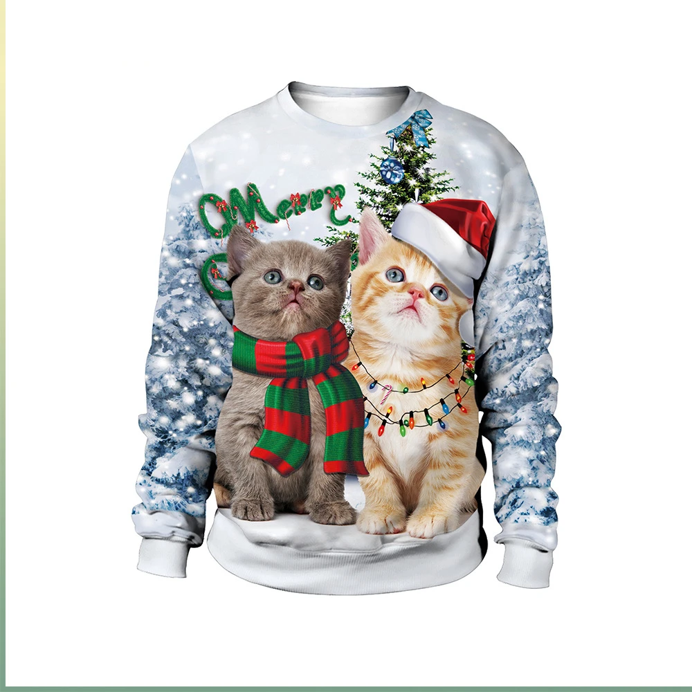 2024 New Cute Kitty Christmas Digital Print Pattern Pullover Round Neck Christmas Couple Sweater