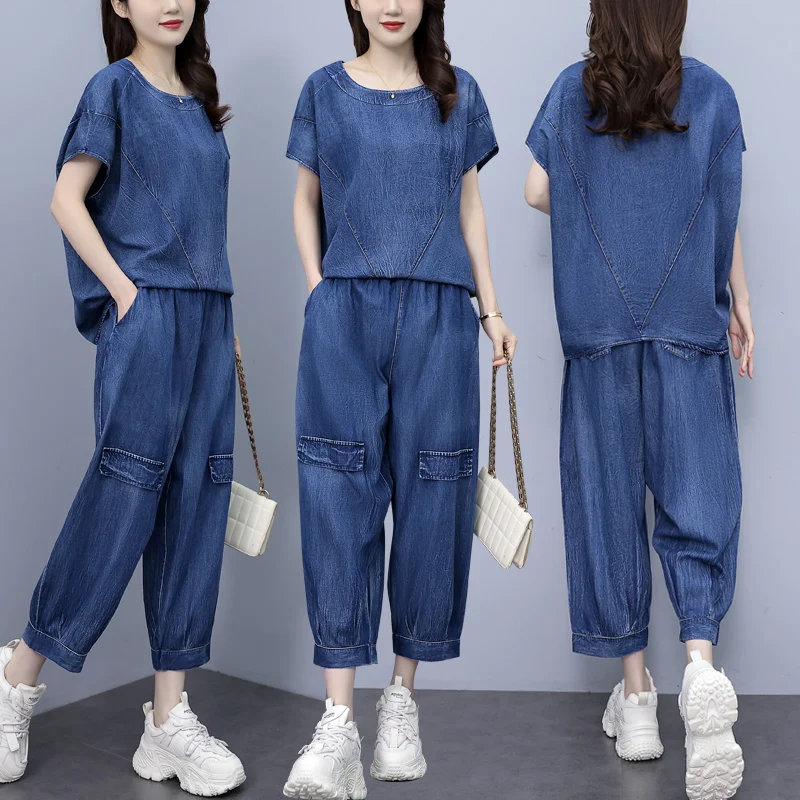 Summer Casual Thin Denim Two-piece Set For Women T-shirt Tops And Harem Pants Female Large Size Blue Loose Soft Matching Suits