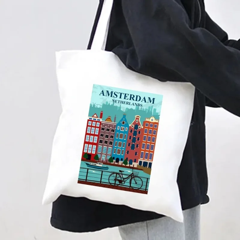 Donne City View Amsterdam Shopping Bags Canal Houses paesi bassi borsa a tracolla in tela borsa Tote Eco Shopper borse riutilizzabili