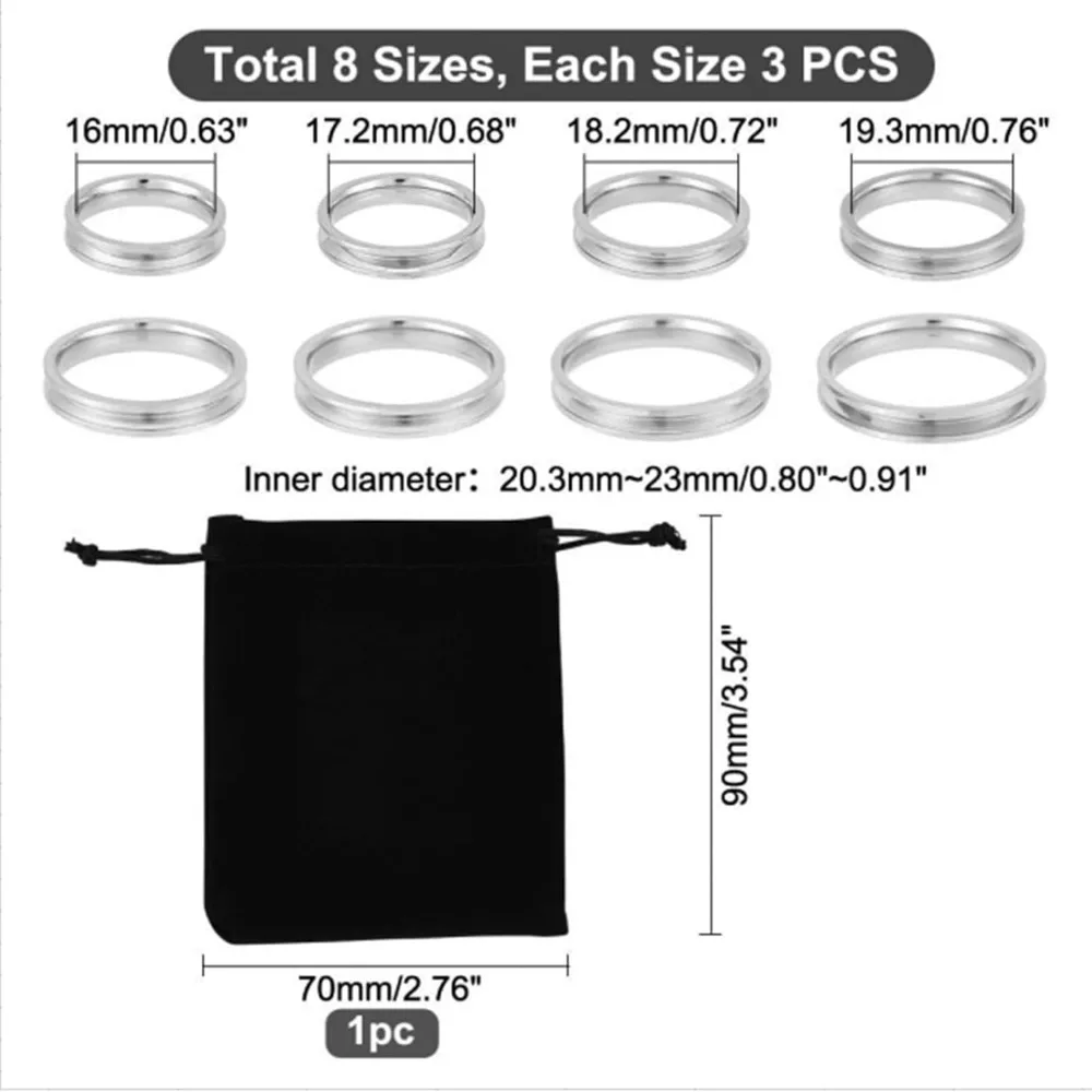 빈 코어 링, 벨벳 파우치가 있는 2mm 좁은 그루브 링, 제작 키트용 둥근 빈 링, 6-13 스테인리스 스틸, 24PCs