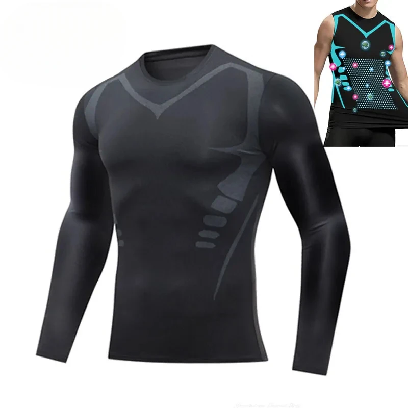 Chaleco moldeador iónico de manga larga para hombre, ropa adelgazante de seda de hielo, moldeador de cuerpo, camiseta sin mangas de compresión, Control de barriga, camisas de entrenamiento Fitness