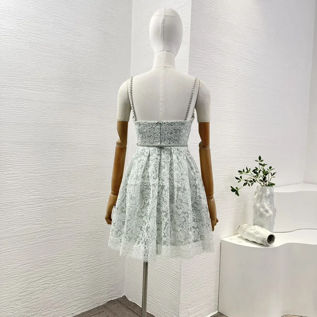 Women's 2025 New Autumn Mint Green Elagant Cute Fashion Lace Pearl Sleeveless Lace Diamonds for Party