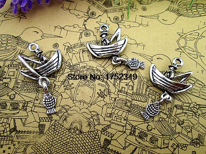 40pcs/lot--Fishing  Silver Tone Fisherman In A Boat 3D Charms Pendants 28mm X 18mm