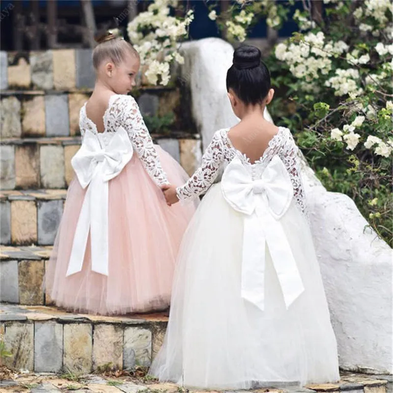 Beloving Lace Flower Girl Dresses Vintage Long Sleeves Junior Bridesmaid Gowns Floor Length Bow Sashes First Communion Baby Dres