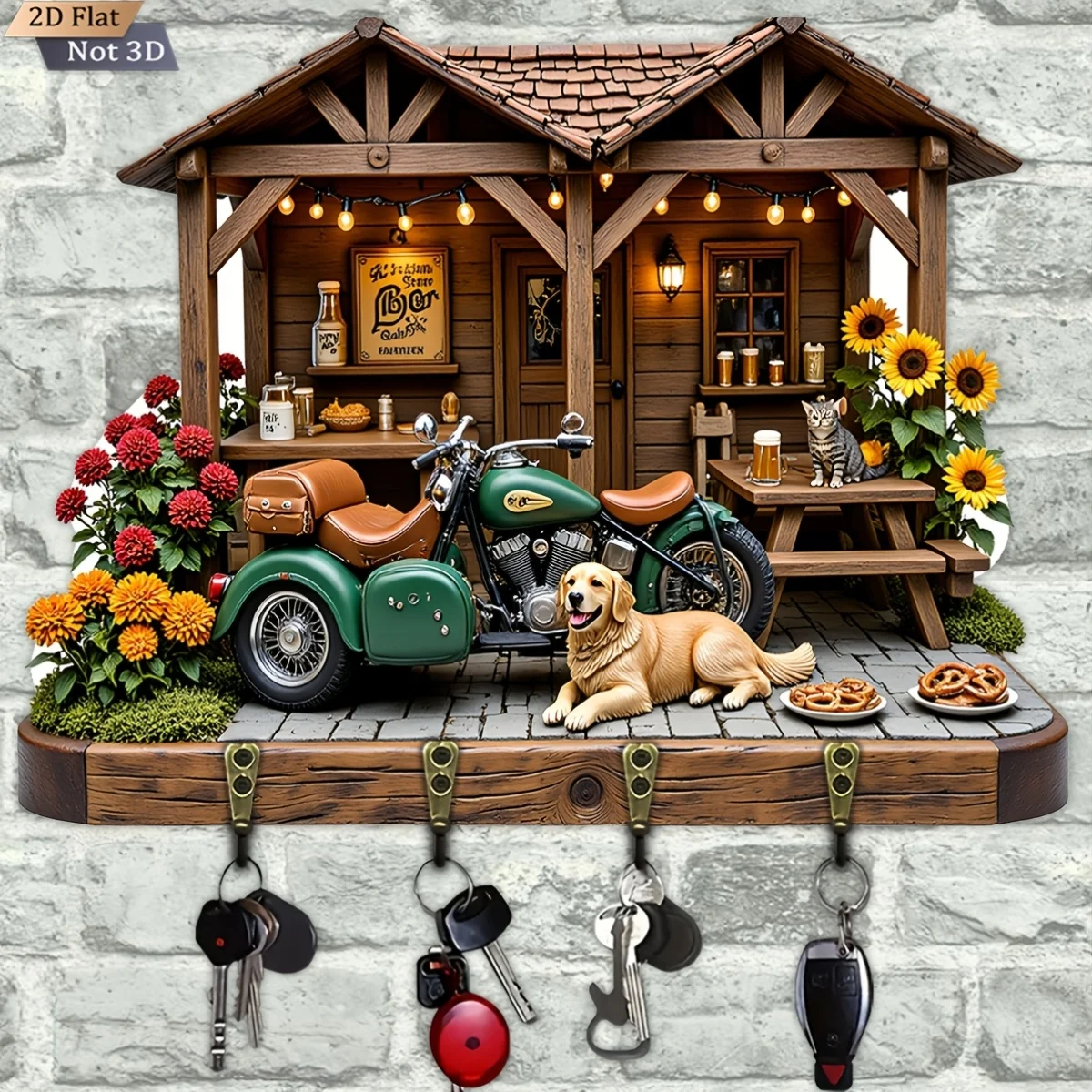 2D Flat, 1pc, Wooden House Motorcycle Style Key Hook Wooden Multifunctional Home Key Rack, with Four Metal Hooks, Wall