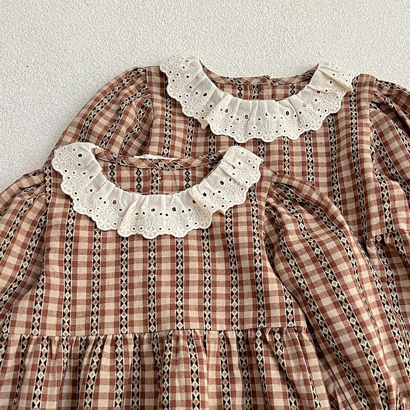 Vestido de grade de manga comprida para bebês, macacão infantil, roupas infantis, irmãs doces, princesa, primavera, outono