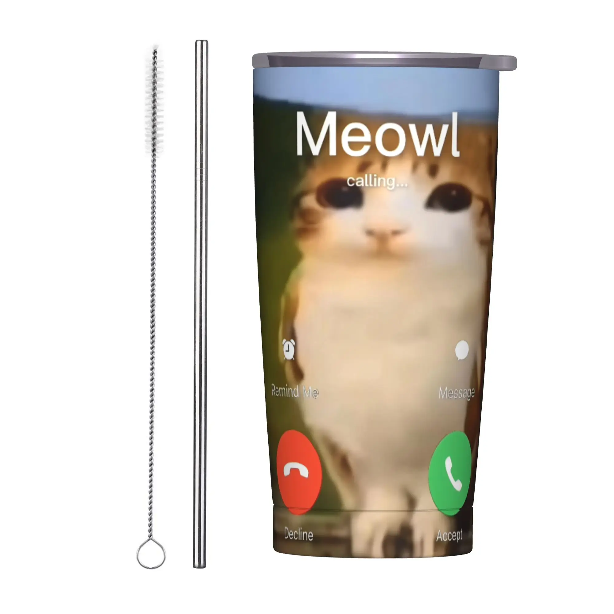 Meowl Call Cat Owl Insulated Tumbler with Straws Lid  Stainless Steel Thermal Mug Double Wall  Bottle Cups, 20oz