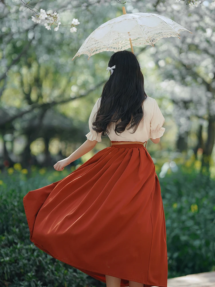 Ensemble jupe et chemise brodées à manches courtes pour femmes, jupe longue plissée, tenues d'été, mode douce, 2 pièces