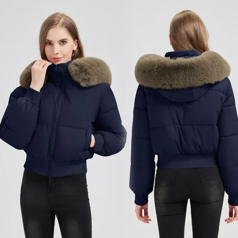 Dames dikkere korte winterjas Koreaanse stijl donskatoenen jas Casual warm bont Capuchon Cropped Parka's Chic Streetwear