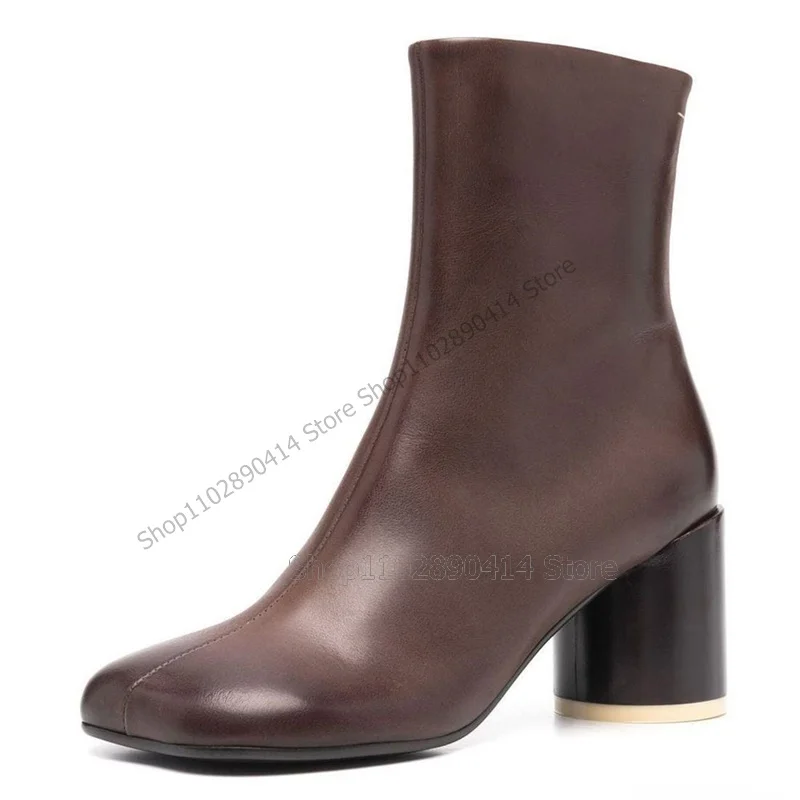 Rood Lederen Mid Kuit Paard Hoeflaarzen Slip On Vrouwen Schoenen Dikke Hoge Hakken Mode Feest Feest Catwalk 2023 Zapatos Para Mujere