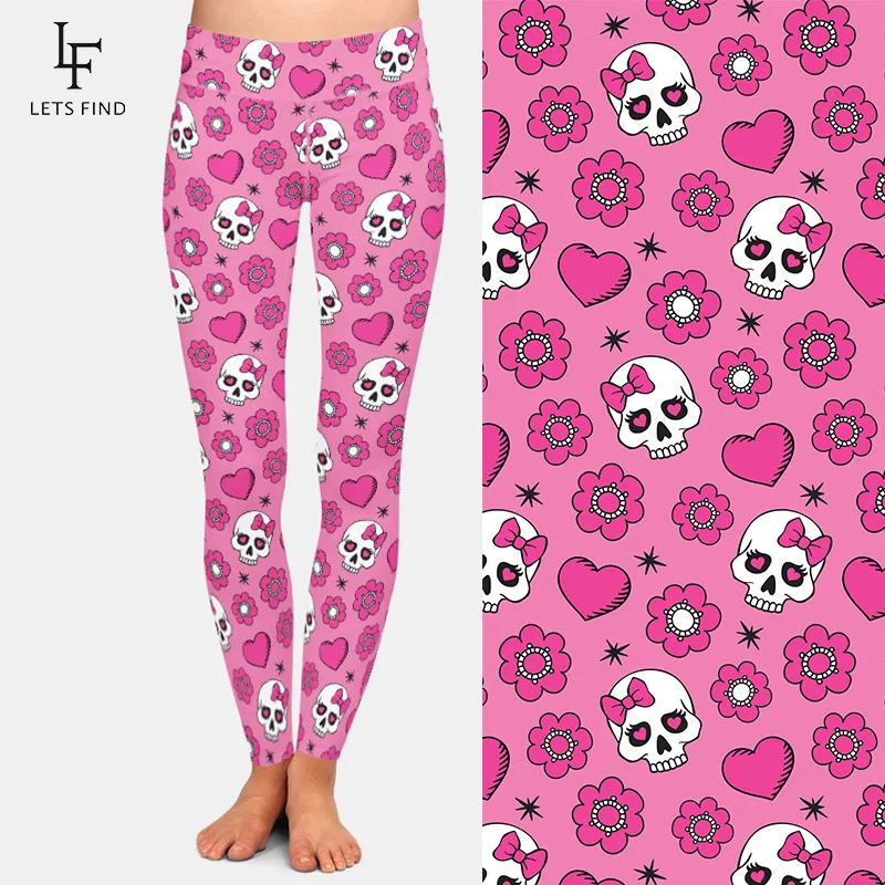 Letsfind 3d flores crânio e coração imprimir calças femininas moda cintura alta macio e confortável fitness elástico leggings