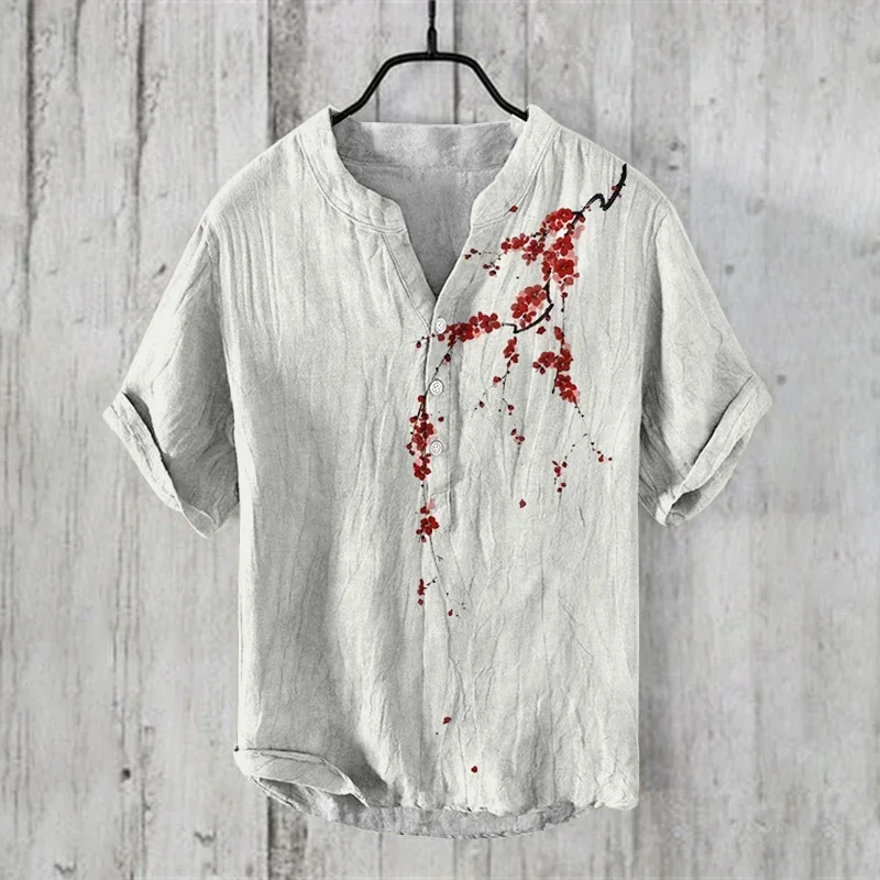 Summer 2024 V-neck Fashion henley shirt Men's Comfortable Henley Shirt Japanese Men's Short-Sleeved T-shirt