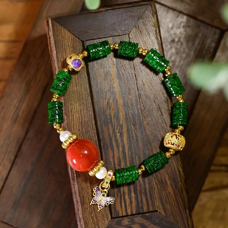 

S925 Silver Natural Grade A Jadeite Bracelet, Spicy Green Barrel Beads with Red Agate, Chinese Style Luxury Gemstone Strand