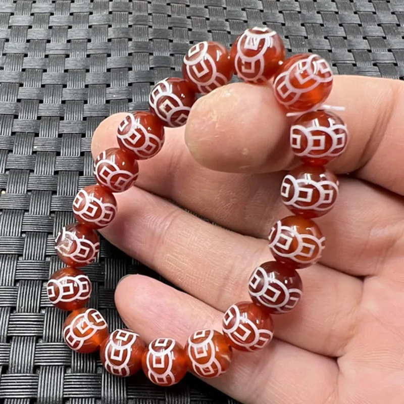 Ice-like Red Agate Money Beads Jade Bracelet Carnelian Copper Coin Bracelet Men and Women Same Style Jade Bracelet Wholesale