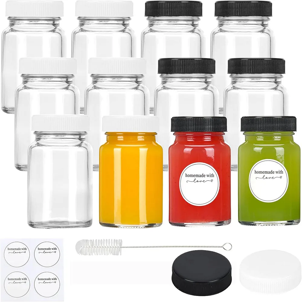 2oz Glass Jars With Lids, Small Mason Jars for Liquids, Wide Mouth Short Jars for Potion, Ginger Shots, Oils,with Stickers Brush