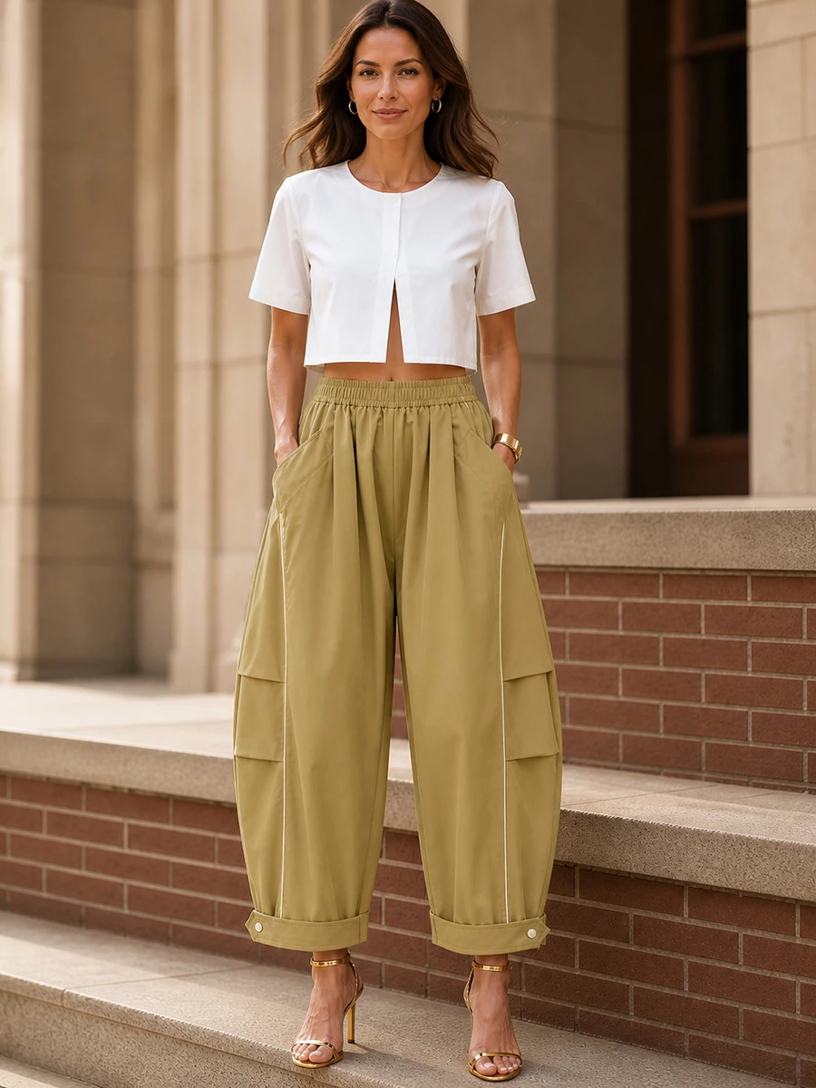 UOOZEE Women Elastic Waist Baggy Cargo Ankle Pants Contrast Stitching Pocket Cuffed Hem Button Loose Cropped Streetwear Trousers