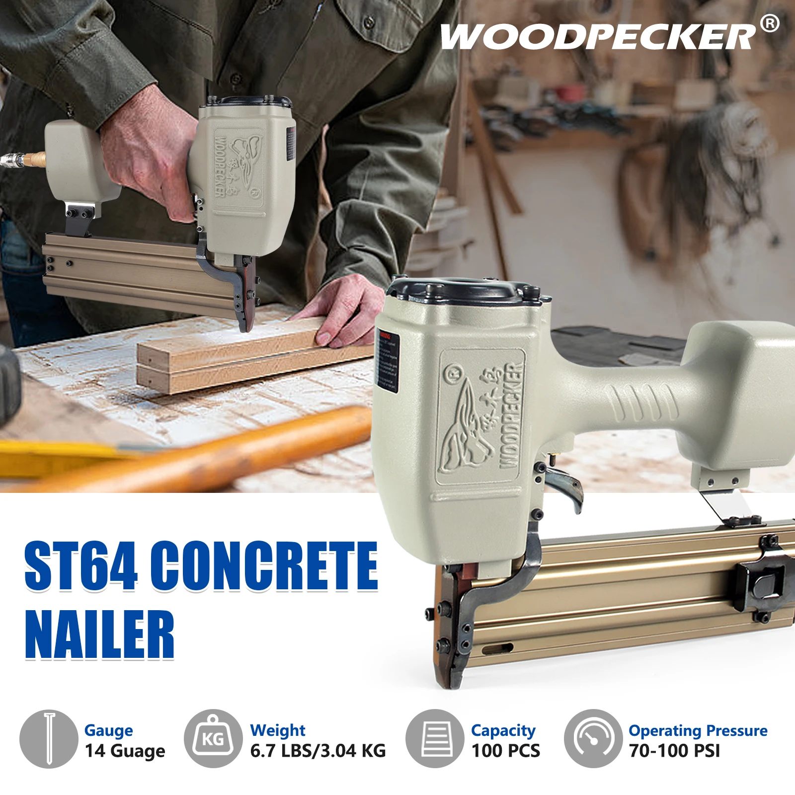 WOODPECKER W-ST64 14 Gauge Heavy Duty Pneumatic Concrete T Nailer with 800 PCS ST18 Concrete T Nails  for Furniture view 6