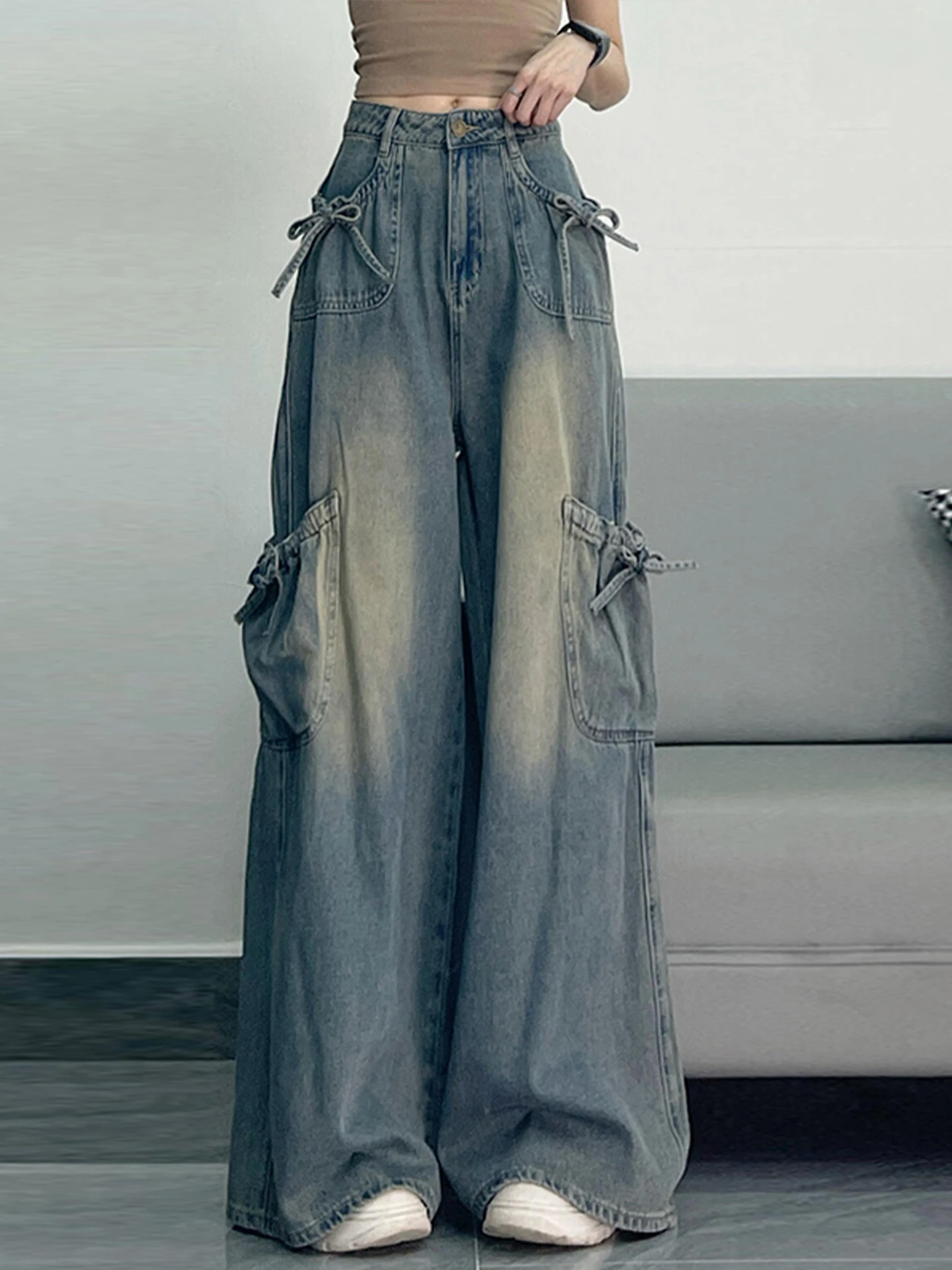 Jean rétro bleu multi-poches pour fille, grande taille 2XL-6XL, avec nœud doux, pantalon polyvalent, rajeunissant, jambes larges, printemps automne