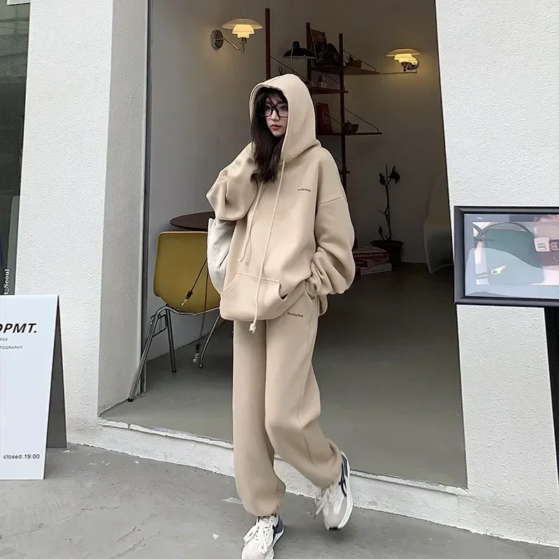 New Women Tracksuit Hoodies Casual Long Sleeve Fleece Warm Hooded Sportswear Suit Hoody Pullovers Long Pant Y2k Two Pieces Sets